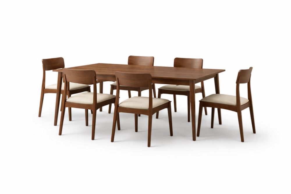 Set da pranzo in legno teak con tavolo rettangolare e 6 sedie imbottite