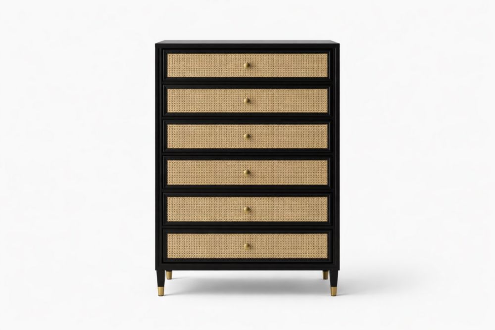 Cassettiera a 6 Cassetti in Legno Massello e Rattan Nero