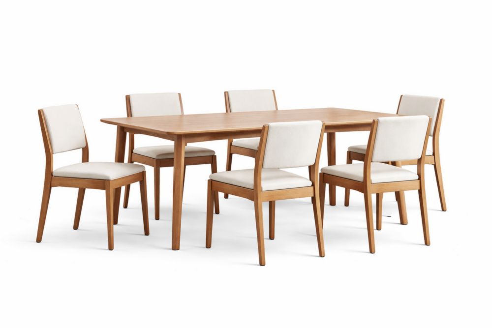 Set da Pranzo 7 Pezzi in Legno Massello e Tessuto Bianco