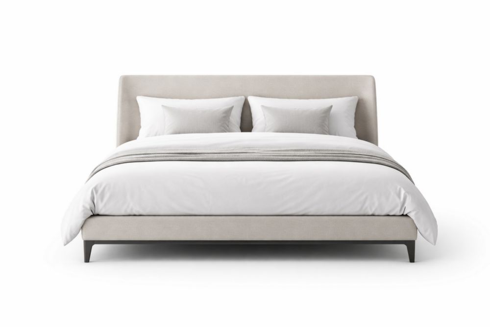 Letto Matrimoniale in Legno Massello e Tessuto Beige