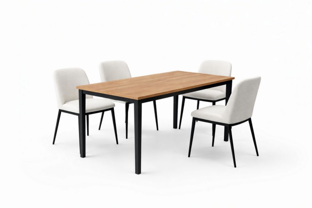 Tavolo da pranzo rettangolare in legno massello con 4 sedie in tessuto bianco