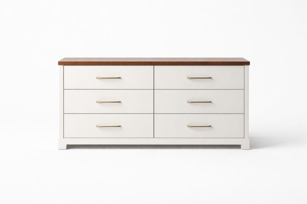 Cassettiera in Legno Massello con 6 Cassetti Bianco e Noce