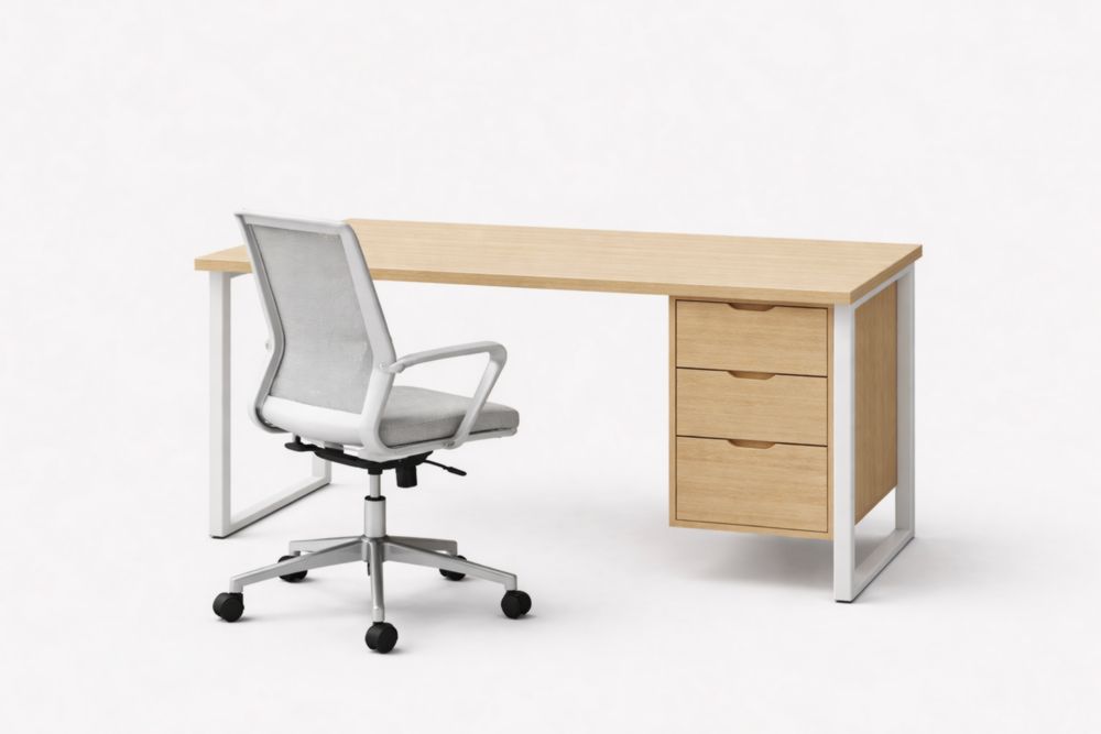 Scrivania con Cassetti in MDF e Struttura in Acciaio + Sedia Ufficio Girevole in Tessuto Grigio