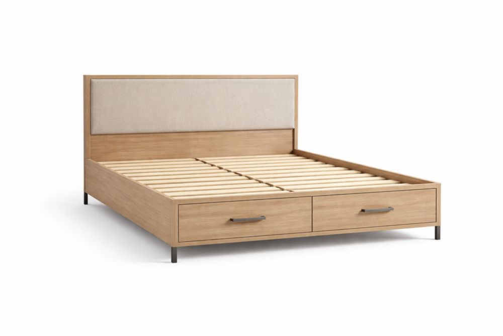 Letto matrimoniale in legno di quercia e tessuto con contenitore Naturale