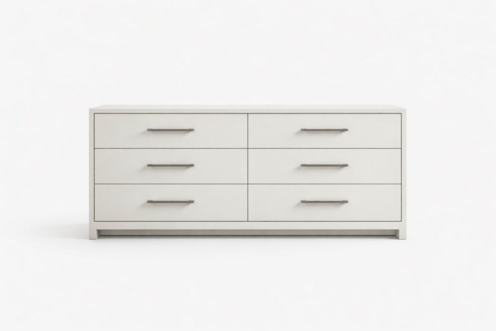 Cassettiera a 6 Cassetti in Legno Massello Bianco con Maniglie Lega Di Zinco Lunghezza150cmxLarghezza45cmxAltezza75cm