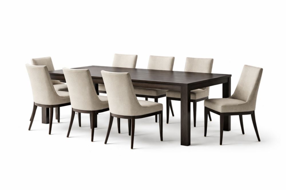 Set tavolo da pranzo rettangolare 8 sedie legno massello tessuto beige