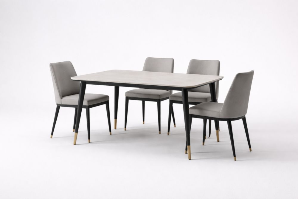 Set da Pranzo Tavolo Rettangolare in Legno Massello e Sedie in Tessuto Grigio