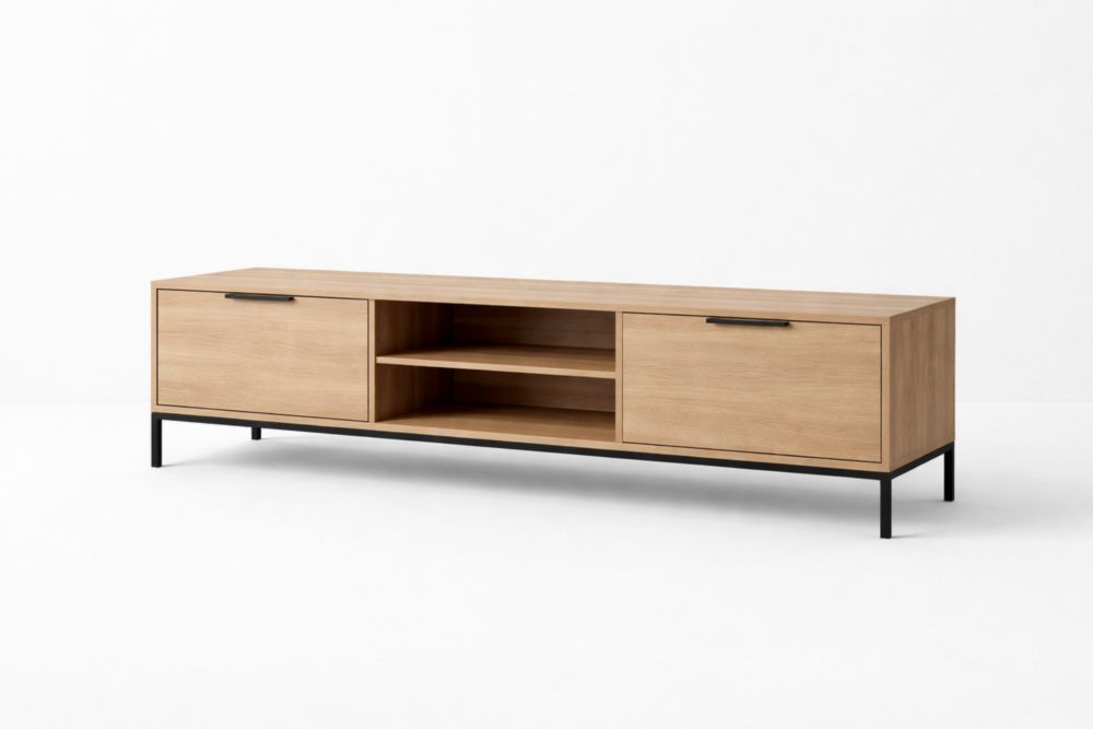 Mobile TV in Legno di Rovere e Acciaio, Colore Naturale, Lunghezza150cmxLarghezza40cmxAltezza50cm