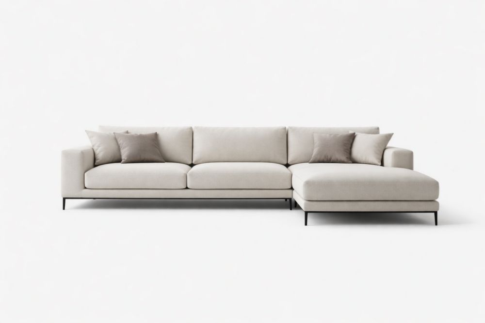 Divano angolare in tessuto beige con struttura in legno massello