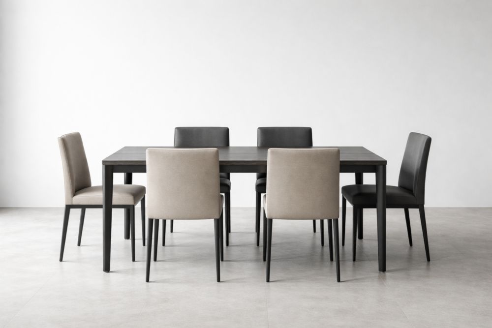Set Tavolo Rettangolare in MDF con 6 Sedie in Similpelle Nero e Grigio