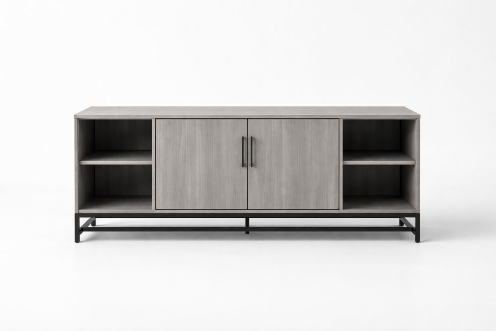 Mobile TV legno ingegnerizzato rovere grigio con scaffali aperti e struttura in acciaio