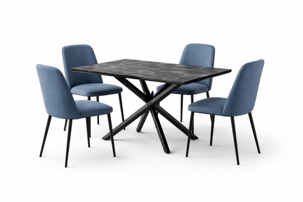 Set Tavolo Rettangolare in Legno MDF con Gambe in Acciaio e 4 Sedie in Tessuto Blu