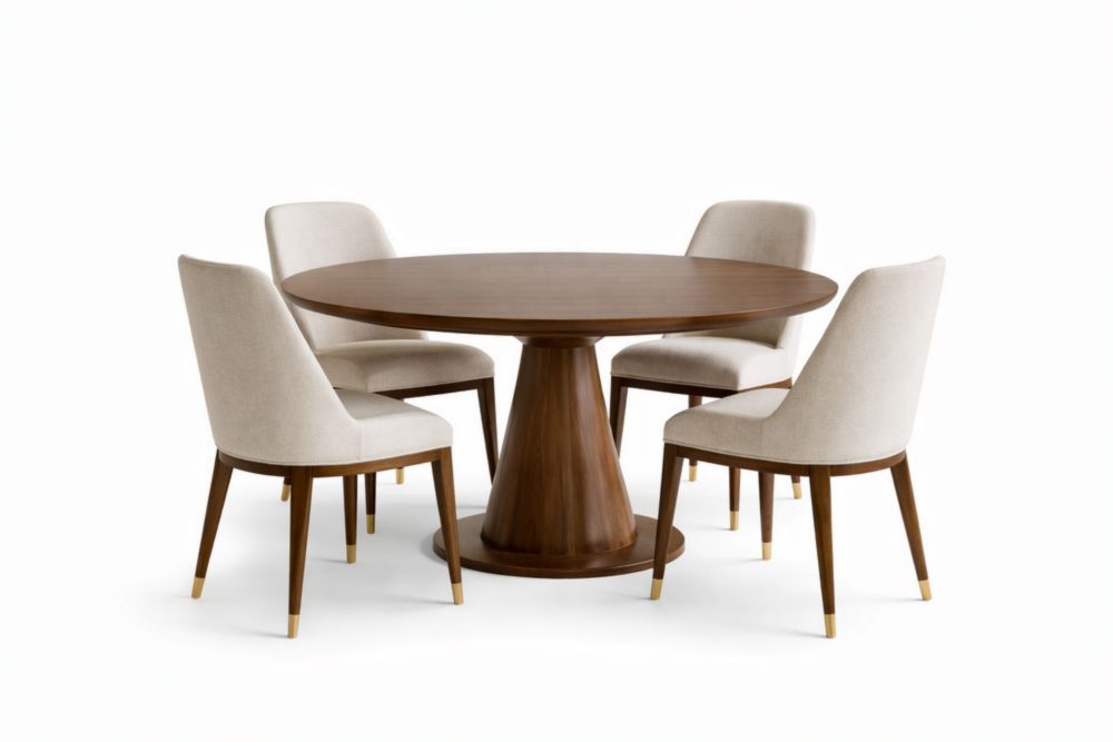 Set Tavolo Rotondo in Legno Massello con Sedie in Tessuto Beige