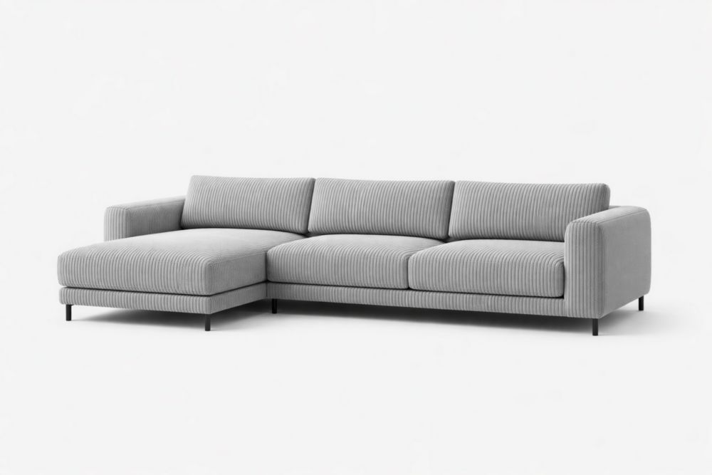 Divano angolare in velluto a coste grigio chiaro con chaise longue