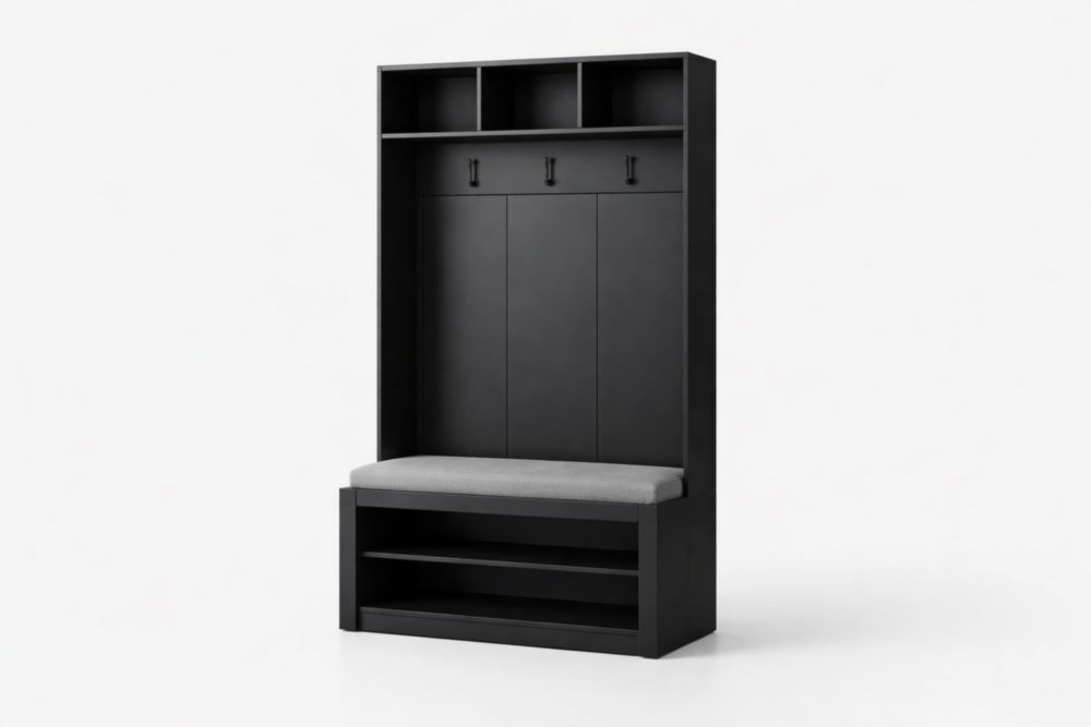 Panca con Appendiabiti in Legno Ingegnerizzato Nero con Cuscino Grigio