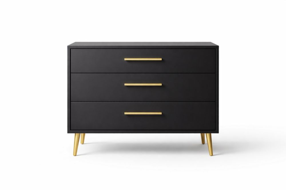 Cassettiera in MDF nero con maniglie e gambe in lega di zinco dorato a 3 cassetti Lunghezza80 cm x Larghezza40 cm x Altezza78 cm