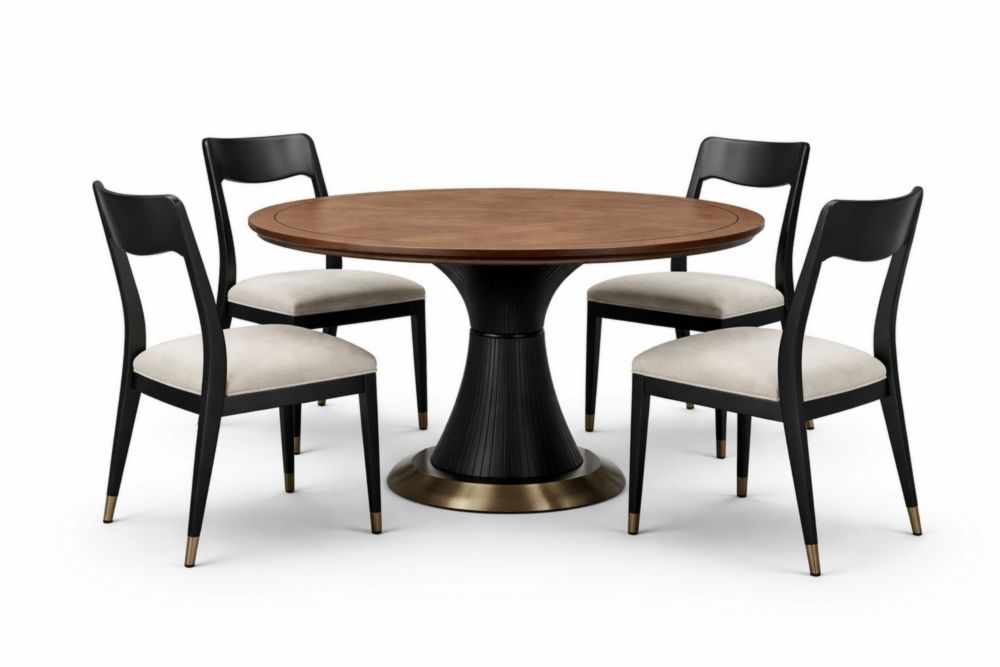 Set Tavolo Rotondo in Legno di Noce con 4 Sedie in MDF e Poliestere Nero/Bronzo