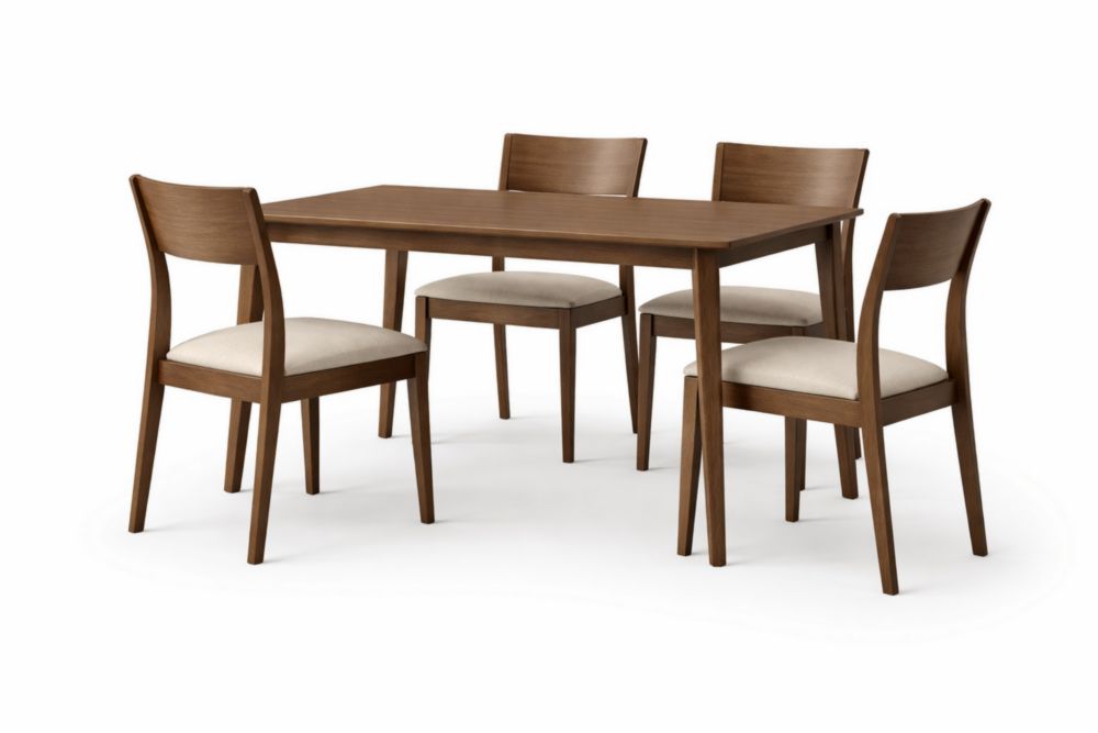 Set tavolo e sedie in legno massello con seduta in tessuto 4 posti colore noce