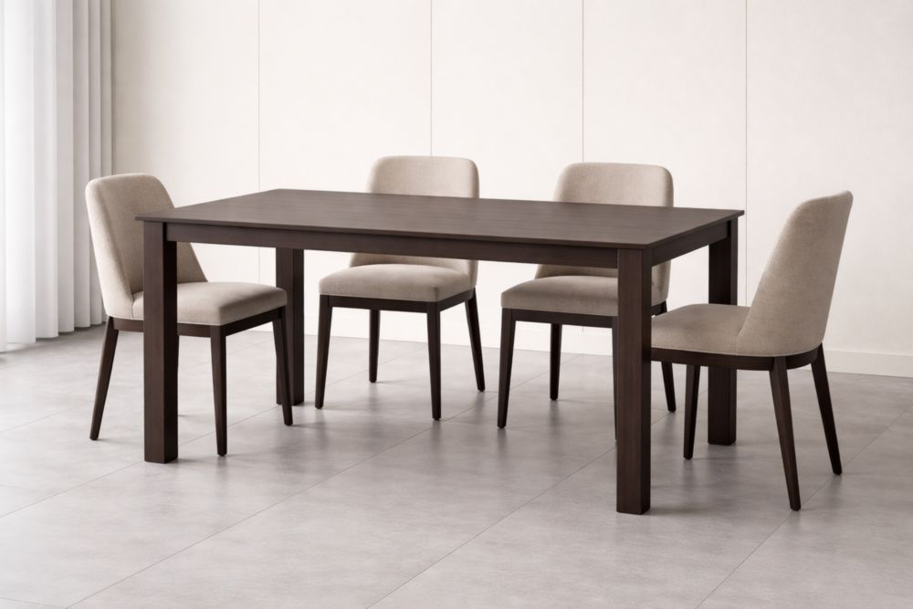 Set Tavolo Rettangolare in Legno con 4 Sedie in Tessuto Beige