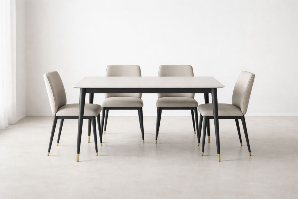 Set Tavolo da Pranzo Rettangolare con 4 Sedie in Legno e Tessuto