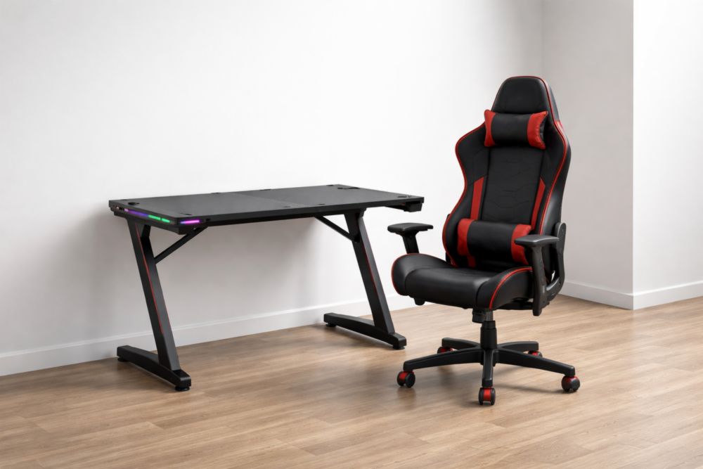 Scrivania Gaming con LED e Sedia Regolabile in Pelle Nera e Rossa