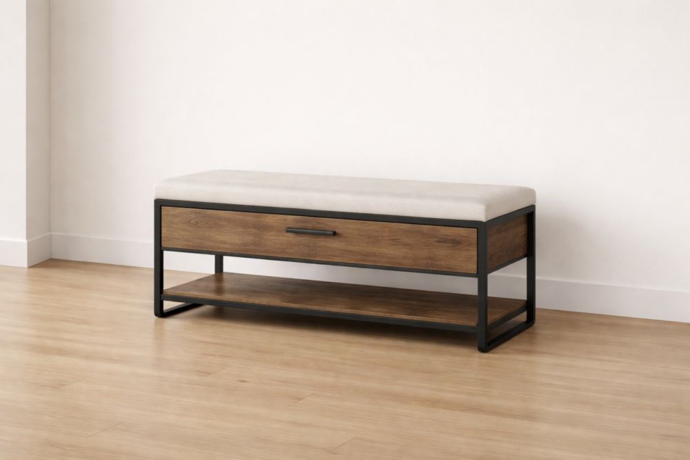 Panca contenitore imbottita in metallo e legno con cuscino removibile 100x40x45 cm