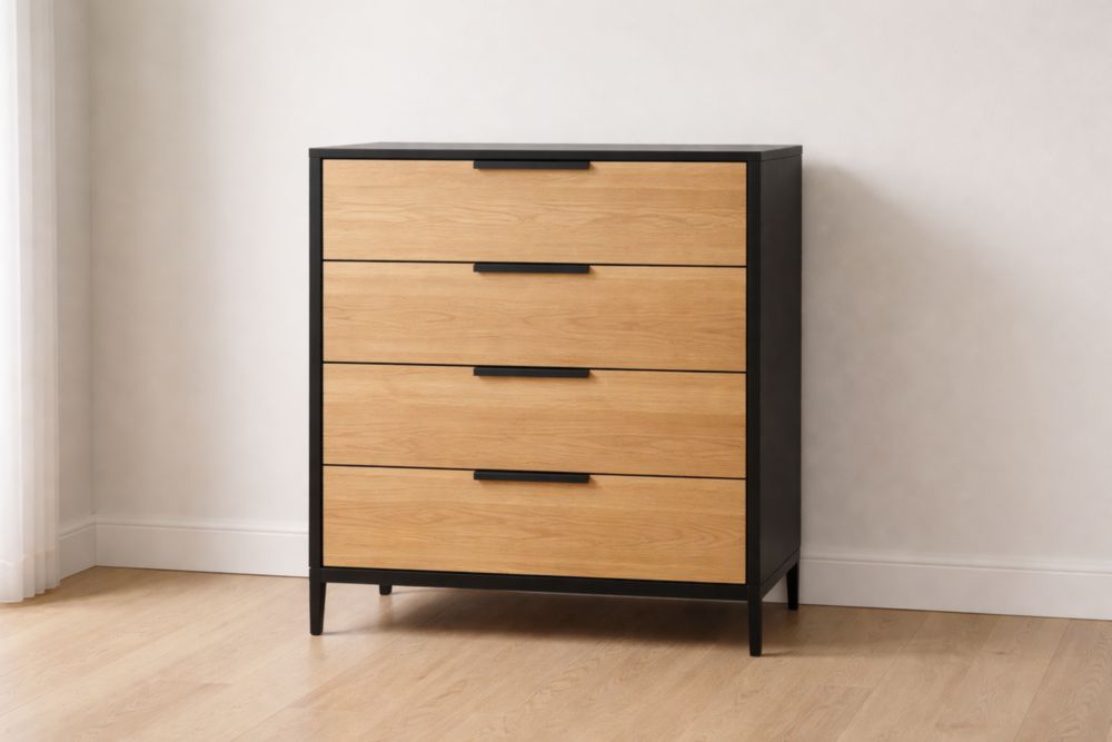 Cassettiera in Legno Naturale e Metallo Nero con 4 Cassetti 80x40x100cm
