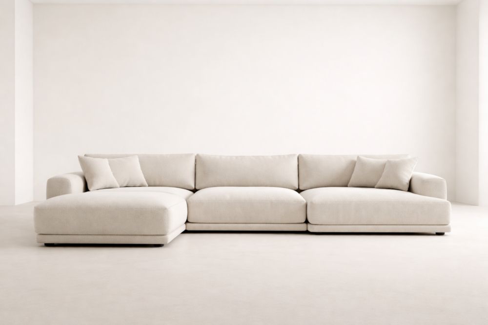 Divano Angolare in Cotone Beige con Cuscini Rimovibili