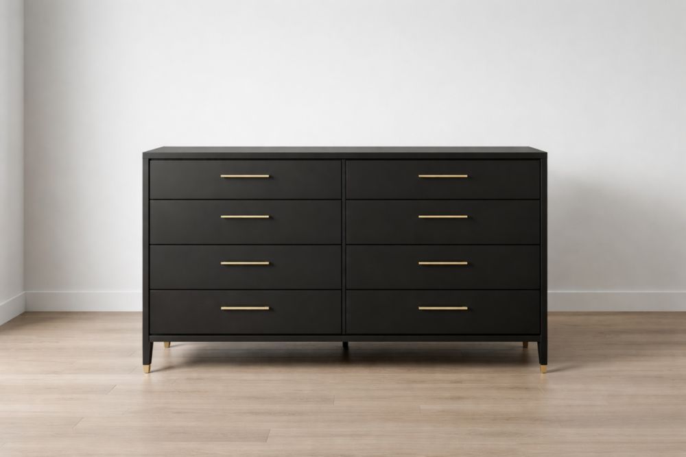 Comò in Legno con Finitura Nera e Maniglie in Ottone, 8 Cassetti