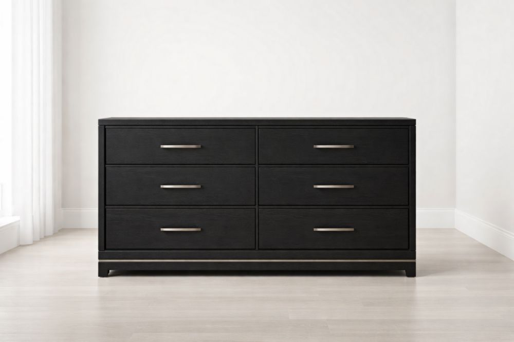 Cassettiera Comò in Legno MDF con 6 Cassetti e Maniglie in Metallo Nero 140x45x80 cm