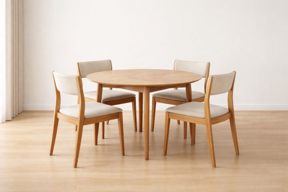 Set da pranzo con tavolo rotondo in legno e sedie imbottite 4 posti