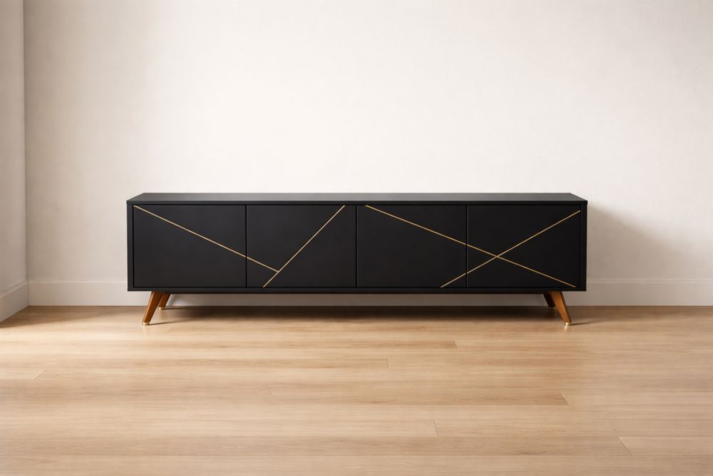 Credenza TV in legno nero con dettagli dorati