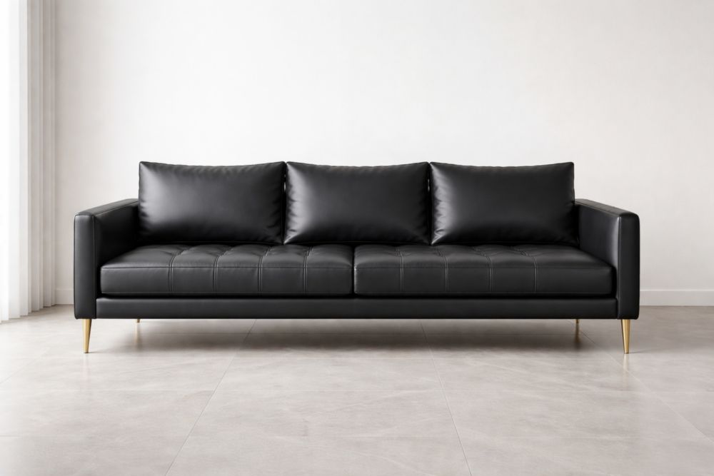 Divano 3 posti in pelle sintetica nera con gambe in metallo dorato
