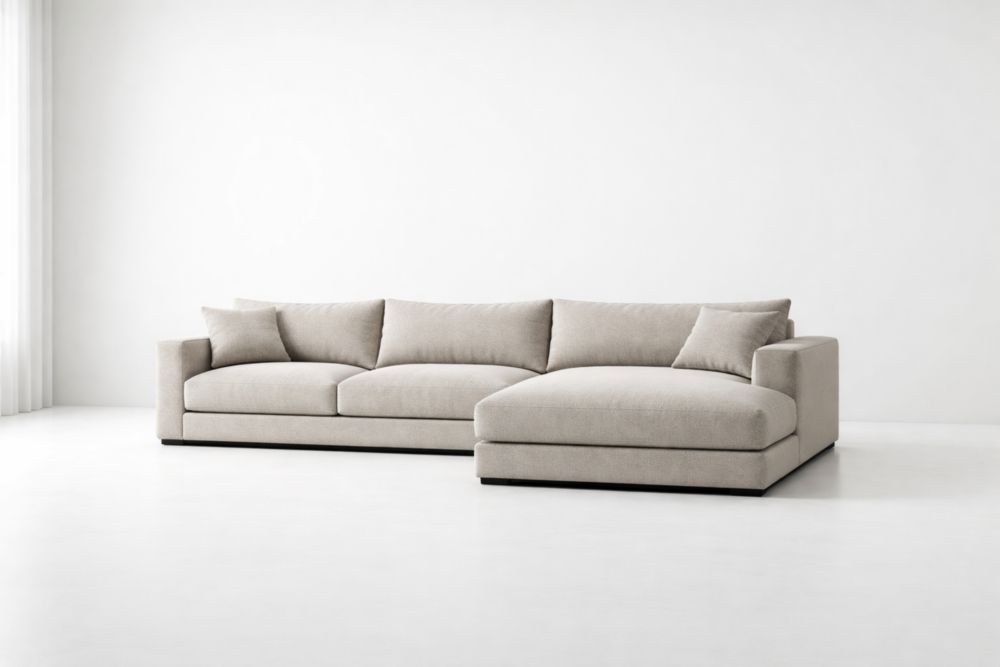 Divano ad angolo in tessuto poliestere beige con cuscini rimovibili