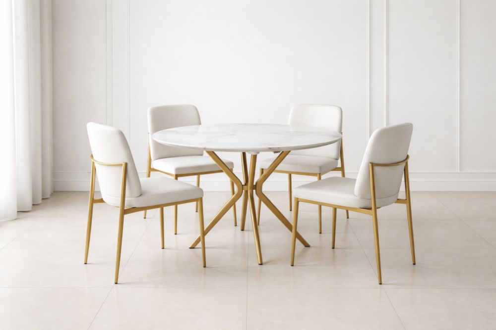 Tavolo Rotondo in Marmo Bianco con 4 Sedie in Ecopelle Bianca e Struttura in Metallo Dorato