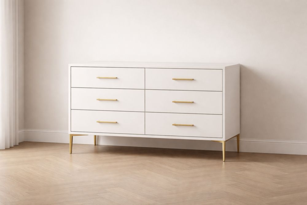 Cassettiera a Sei Cassetti in MDF con Maniglie e Gambe in Metallo