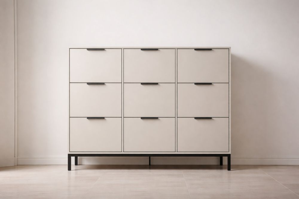 Scarpiere a 9 Cassetti in Legno e Metallo Beige