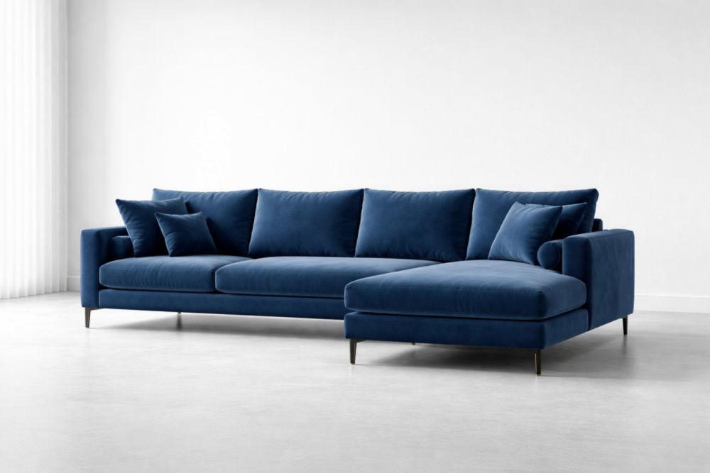 Divano angolare in velluto con cuscini, Blu