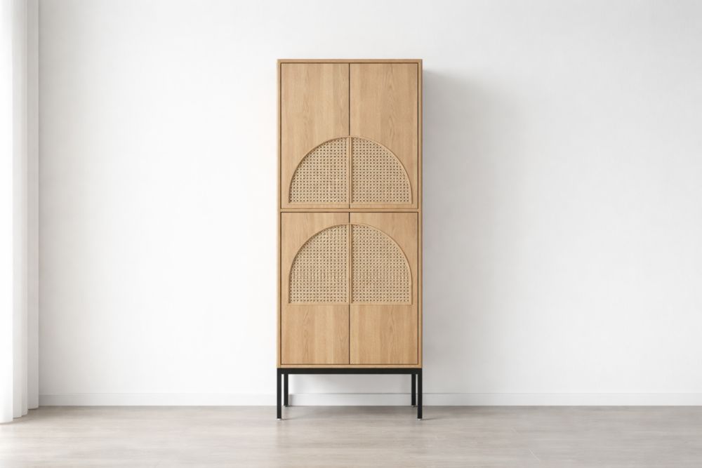 Armadio in legno e rattan con base in metallo