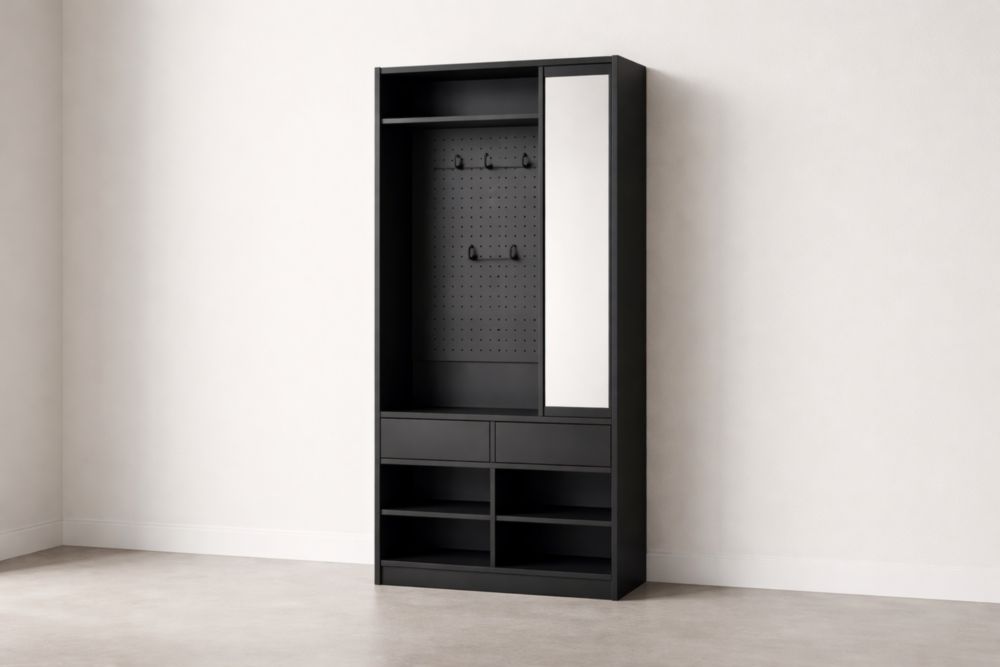 Armadio con ganci e specchio in legno nero 180x100x50cm