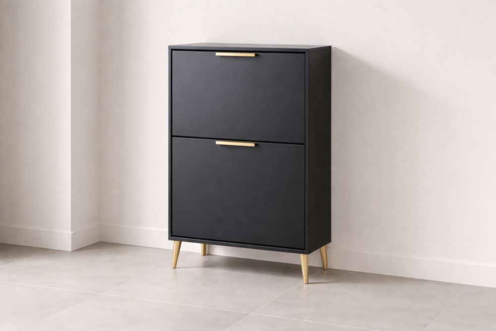 Scarpiere a Due Ante in MDF Nero con Piedini in Metallo Dorato