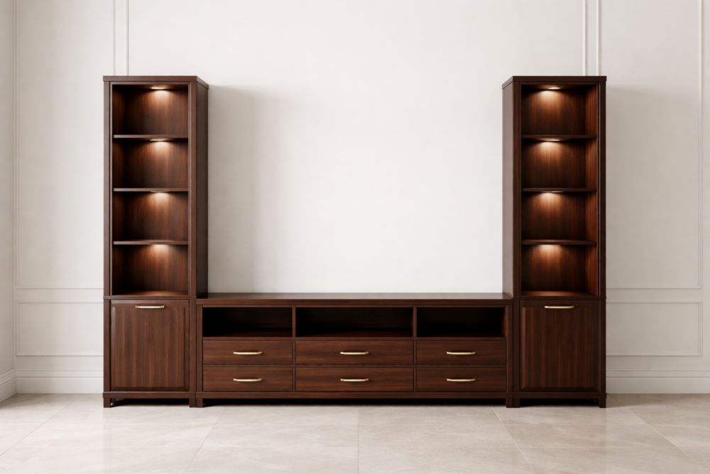 Mobile soggiorno legno multistrato con ripiani e cassetti, Marrone, 240x40x200 cm