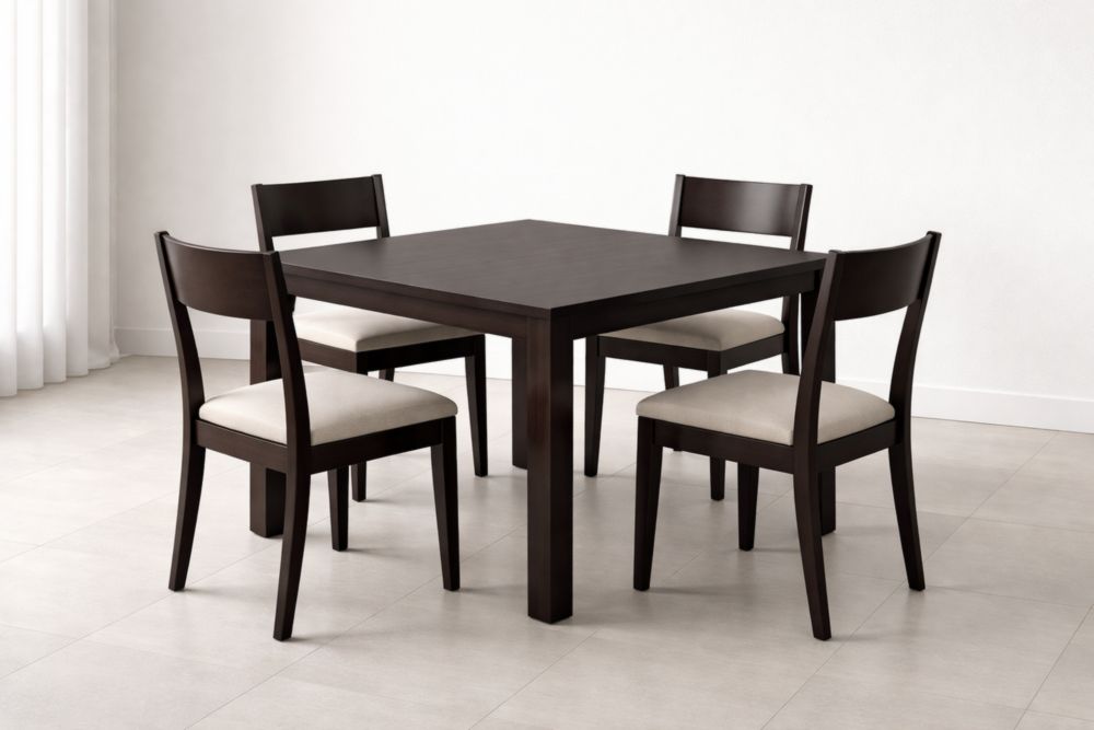 Set da pranzo in legno massello marrone scuro con 4 sedie rivestite