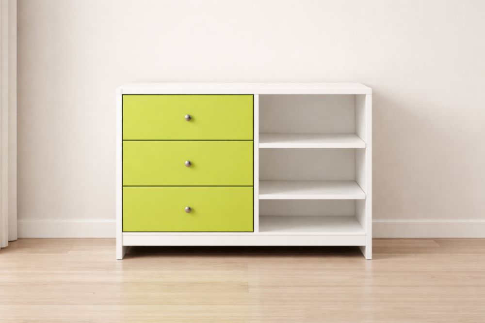 Cassettiera in MDF con 3 Cassetti e Ripiani Bianchi e Verdi