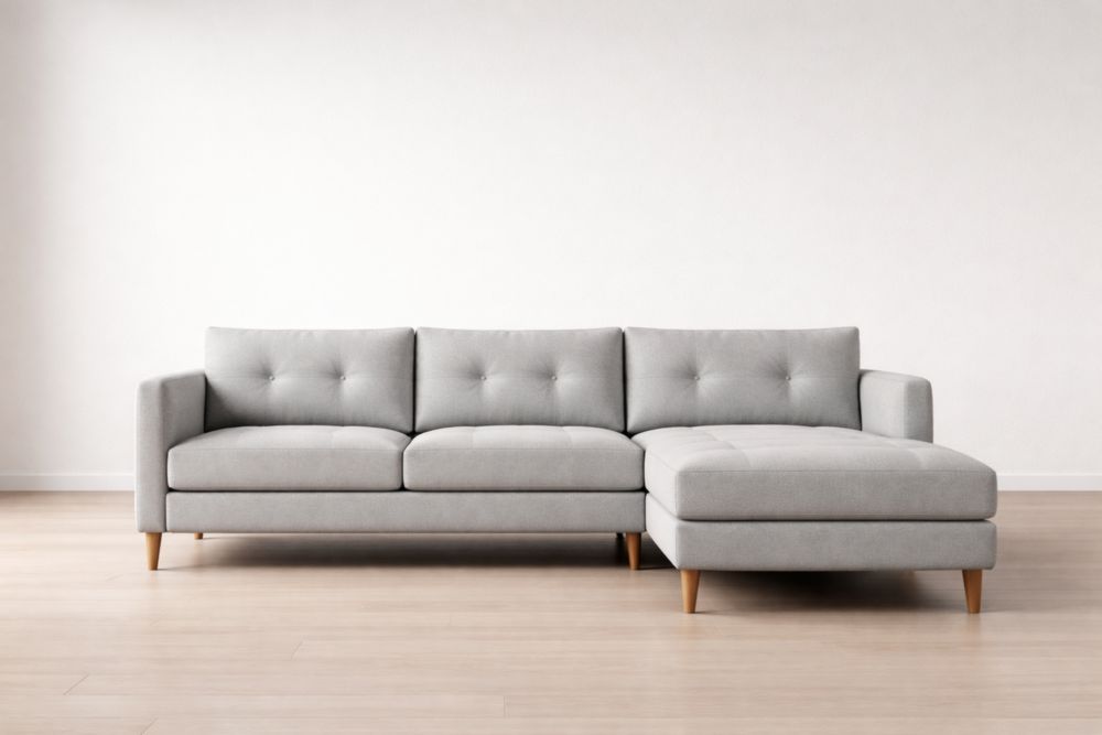 Divano angolare in poliestere grigio con chaise longue
