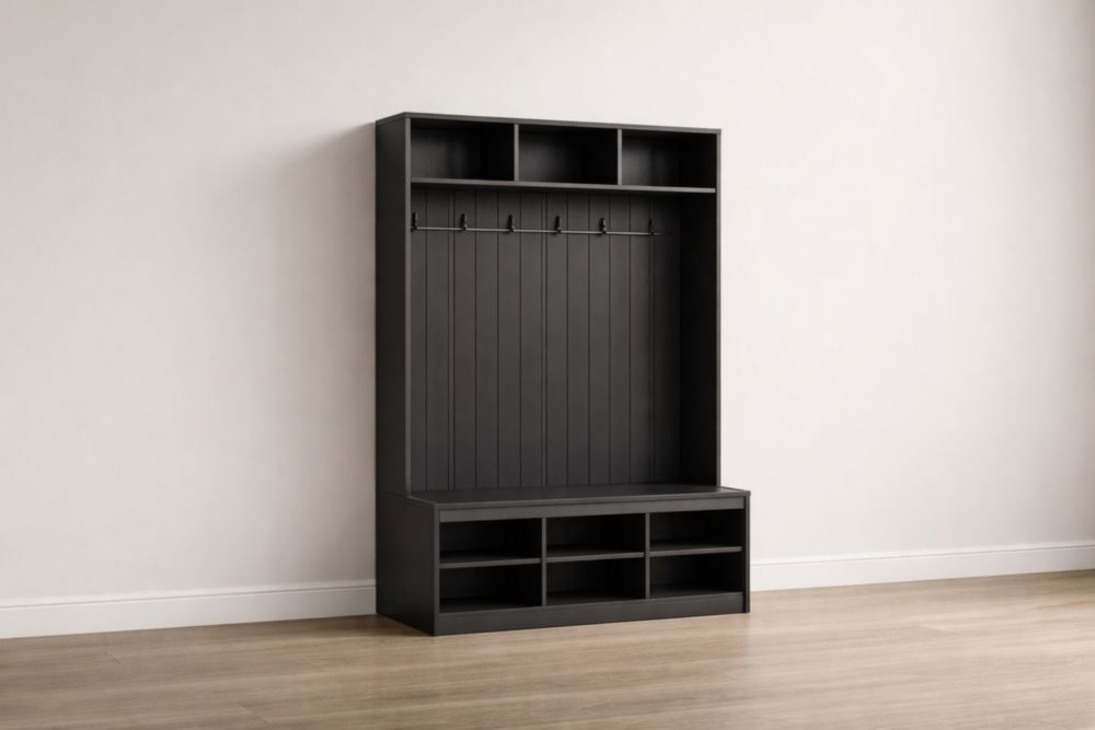 Unità ingresso legno nero con ganci e ripiani 100x40x200 cm