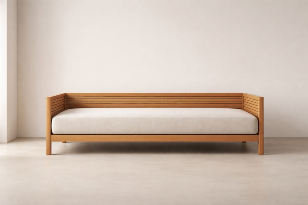 Divano letto in legno e tessuto beige