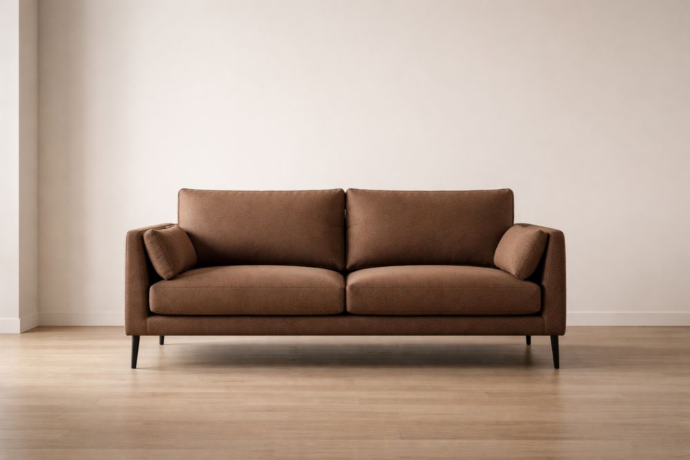 Divano in tessuto marrone con struttura in legno e gambe in metallo