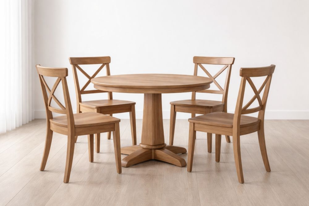 Set da pranzo in legno massello con tavolo rotondo e sedie schienale a X