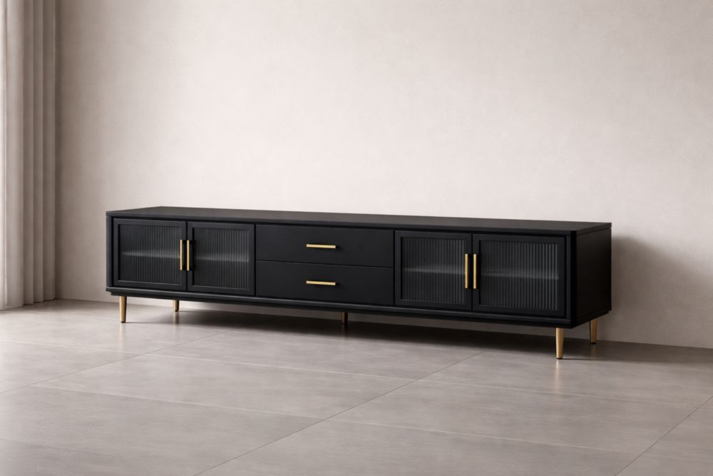 Credenza TV in MDF con Ante in Vetro e Gambe Dorate 180x40x50 cm Nero Opaco